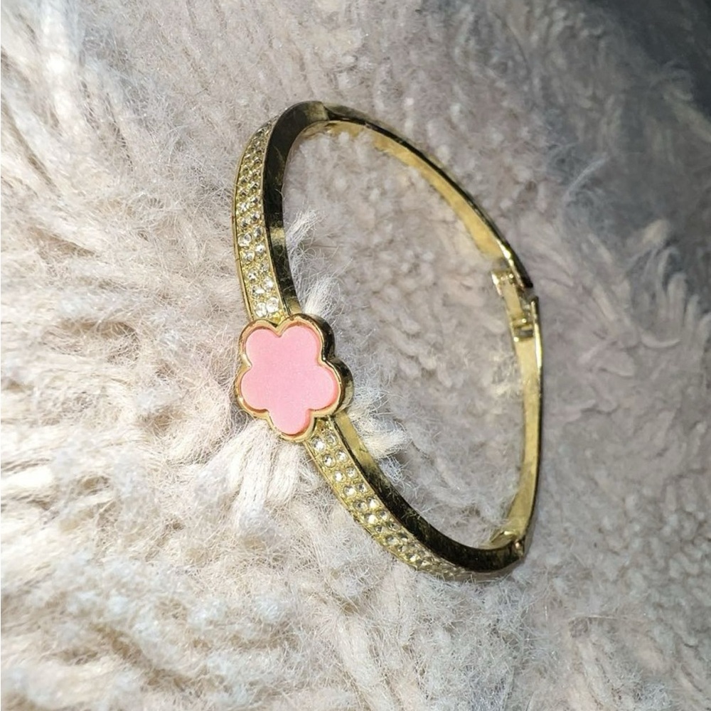 Gold and Pink Flower Bangle Bracelet
